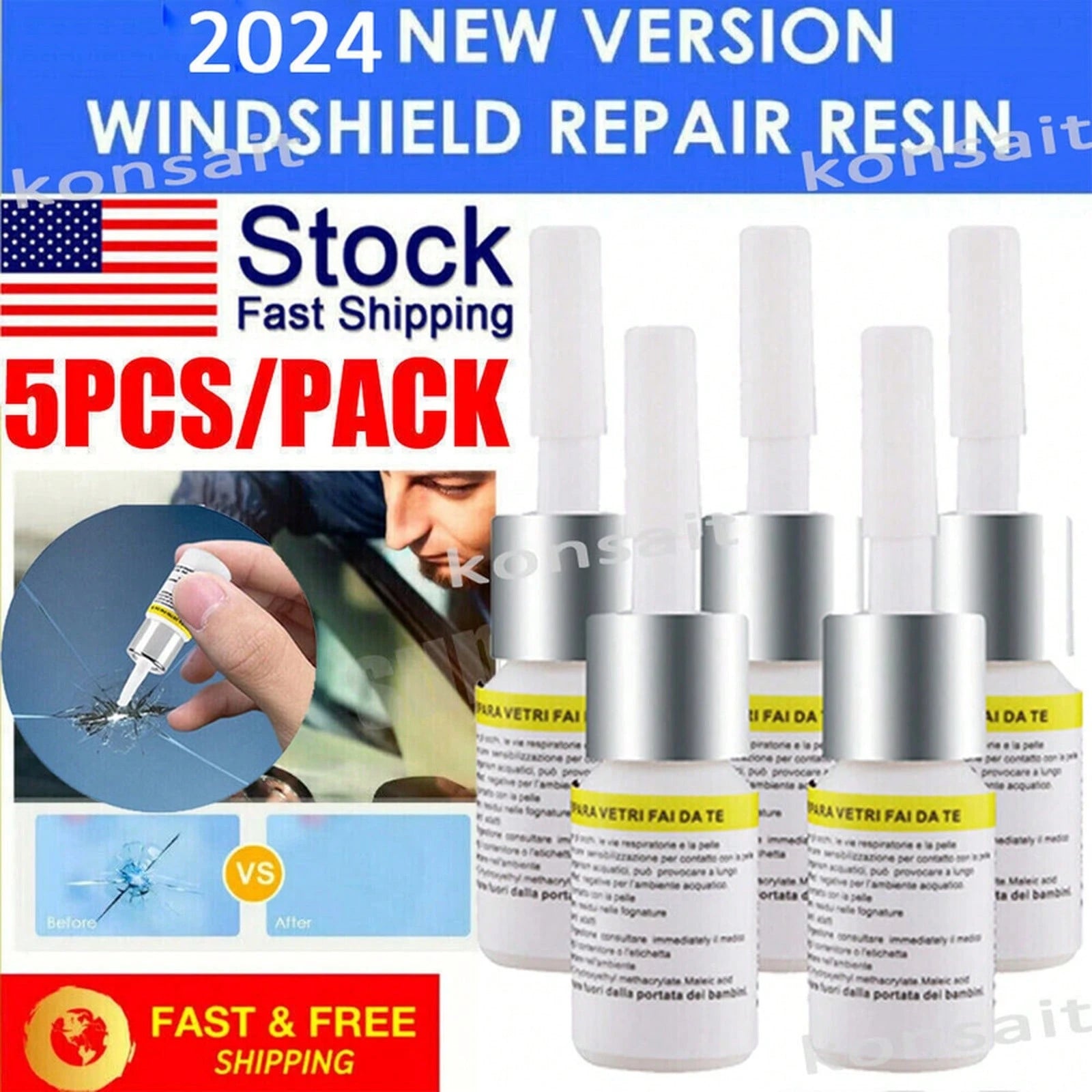5 Pack Cracked Glass Repair Kit Windshield Car Window Repair FTWK