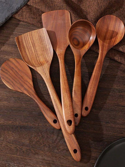 5 PCS Wooden Spoons, Sturdy Wooden Kitchen Utensils With A Box, Lightweight And Heat Resistant, Kitchen Supplies Baking Accessories.