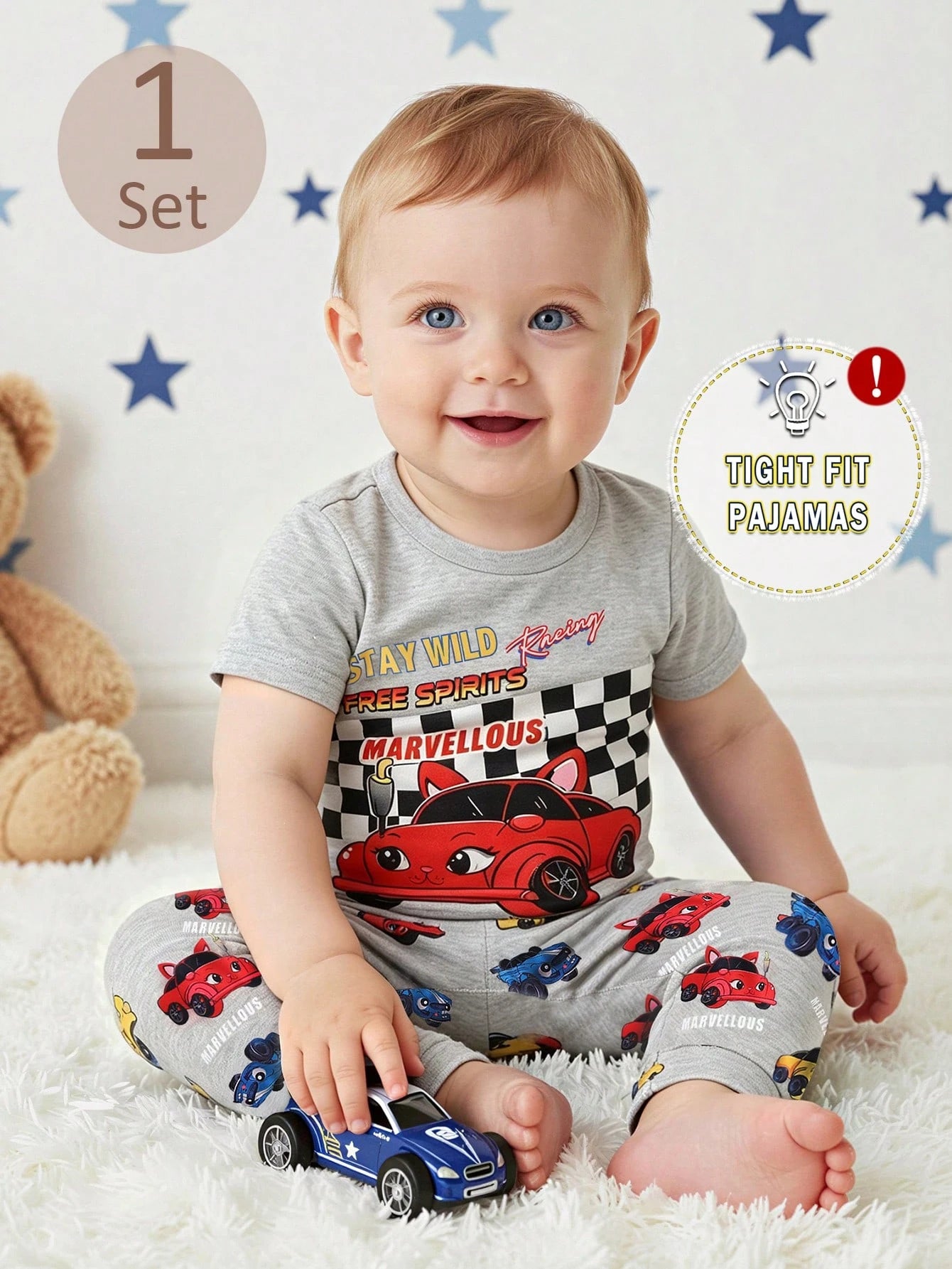 [5 Sets Randomly Sent 1 Set]Baby Boys Pajamas Transportation Print Short Sleeve Long Pants Knit Comfortable Soft Snug Fit Sleepwear Loungewear Set