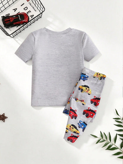 [5 Sets Randomly Sent 1 Set]Baby Boys Pajamas Transportation Print Short Sleeve Long Pants Knit Comfortable Soft Snug Fit Sleepwear Loungewear Set
