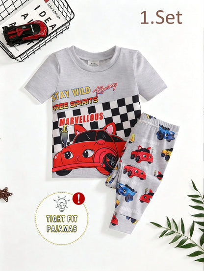 [5 Sets Randomly Sent 1 Set]Baby Boys Pajamas Transportation Print Short Sleeve Long Pants Knit Comfortable Soft Snug Fit Sleepwear Loungewear Set