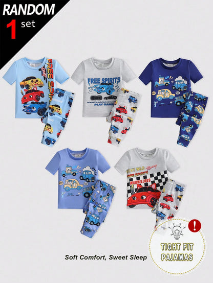 [5 Sets Randomly Sent 1 Set]Baby Boys Pajamas Transportation Print Short Sleeve Long Pants Knit Comfortable Soft Snug Fit Sleepwear Loungewear Set