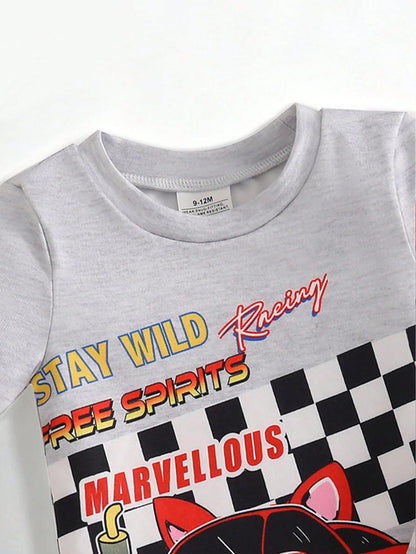 [5 Sets Randomly Sent 1 Set]Baby Boys Pajamas Transportation Print Short Sleeve Long Pants Knit Comfortable Soft Snug Fit Sleepwear Loungewear Set