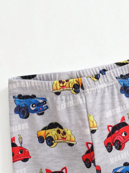 [5 Sets Randomly Sent 1 Set]Baby Boys Pajamas Transportation Print Short Sleeve Long Pants Knit Comfortable Soft Snug Fit Sleepwear Loungewear Set