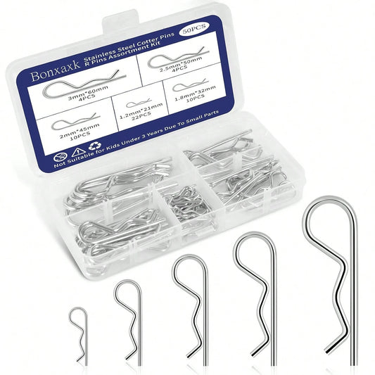 50 Pcs Cotter Pins, Cotter Pin Assortment Kit, Heavy Duty R Clips Hardware Pins, 5 Sizes Spring Fasteners Hitch Pin For Trailer Locking, Trailer Clamps, Lawn Mowers, Trucks, Mechanic'S Choice
