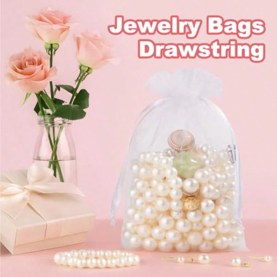 50 Pcs Large Organza Bags 6x9, White Small Gift Bags Drawstring Sheer Mesh, Use For Jewelry Candy Treat Sachet, Party Favor Goodie Pouches For Wedding Baby Bridal Shower Birthday Halloween