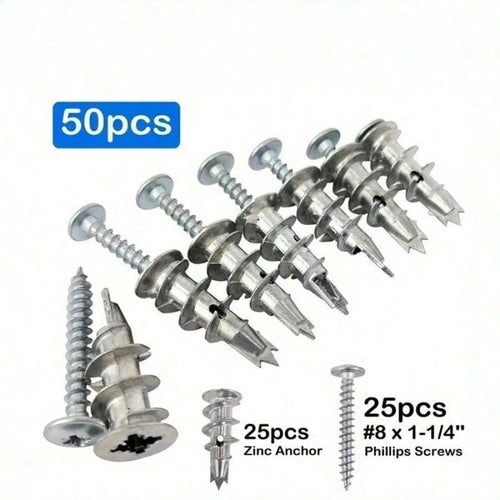 50-Piece Drywall Anchors & Screws Kit – 25-Pack Zinc Self-Drilling, Heavy Duty 75 Lbs Capacity For Secure Wall Mounting