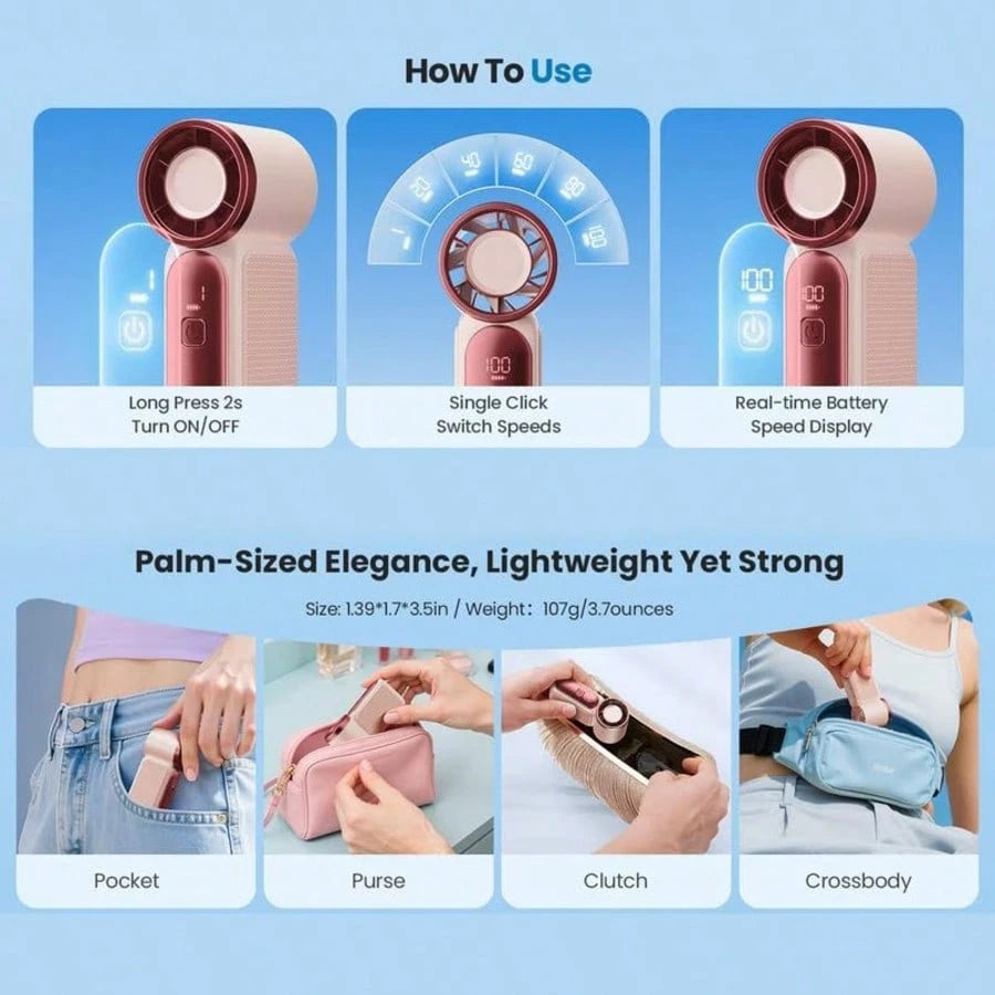 5000mAh Rechargeable Personal Fan, 6 Speed 16900 RPM High Velocity Fan With LED Display, Portable White Fan For Daily Use