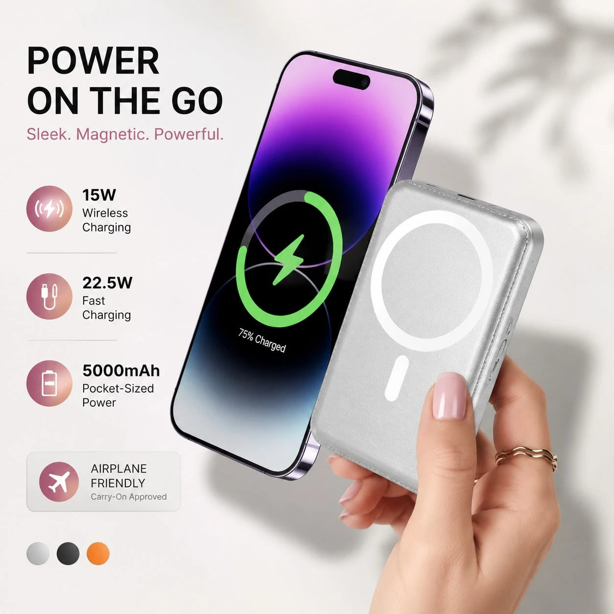 5000mAh Ultra Slim Magnetic Wireless Battery Pack With Card Slot, 15W Wireless & 20W PD Wired Fast Charging Portable Power Bank, Leather Wallet Design With Smart Charging Protection, Compatible With I