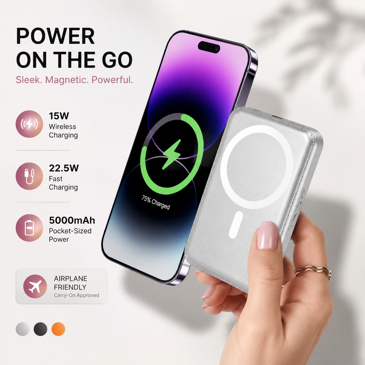 5000mAh Ultra Slim Magnetic Wireless Battery Pack With Card Slot, 15W Wireless & 20W PD Wired Fast Charging Portable Power Bank, Leather Wallet Design With Smart Charging Protection, Compatible With I