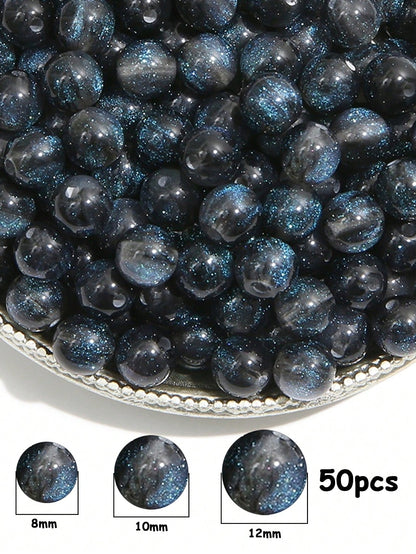 50pcs 8/10/12mm Navy Blue Iridescent Shiny Round Beads- Synthetic Beads With Rainbow Sparkle, Suitable For Jewelry Making, Bracelets, Necklaces- Mother's Day DIY Craft Materials, Jewelry Making Bead