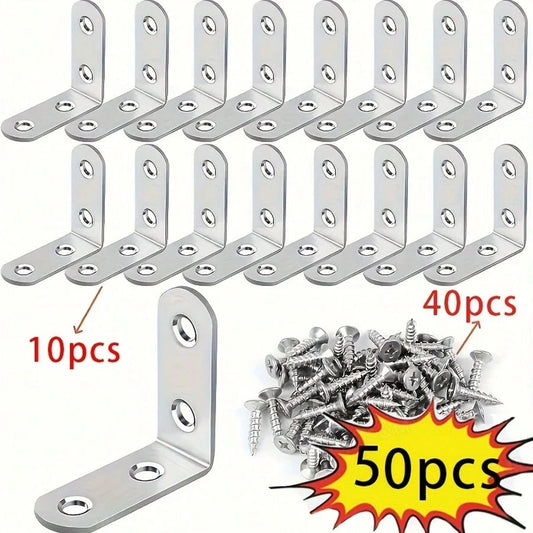 50pcs Set (10 Brackets + 40 Screws) Heavy Duty L-Shaped Brackets With Screws| 3.99X3.99cm 90 Degree Right Angle, Includes Screws, Rust-Resistant Metal, Suitable For Wooden Shelves, Chairs, Tables, Dr
