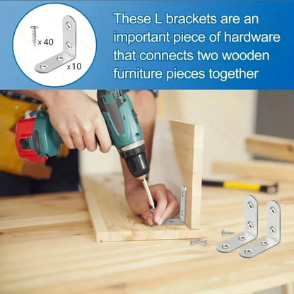 50pcs Set (10 Brackets + 40 Screws) Heavy Duty L-Shaped Brackets With Screws| 3.99X3.99cm 90 Degree Right Angle, Includes Screws, Rust-Resistant Metal, Suitable For Wooden Shelves, Chairs, Tables, Dr