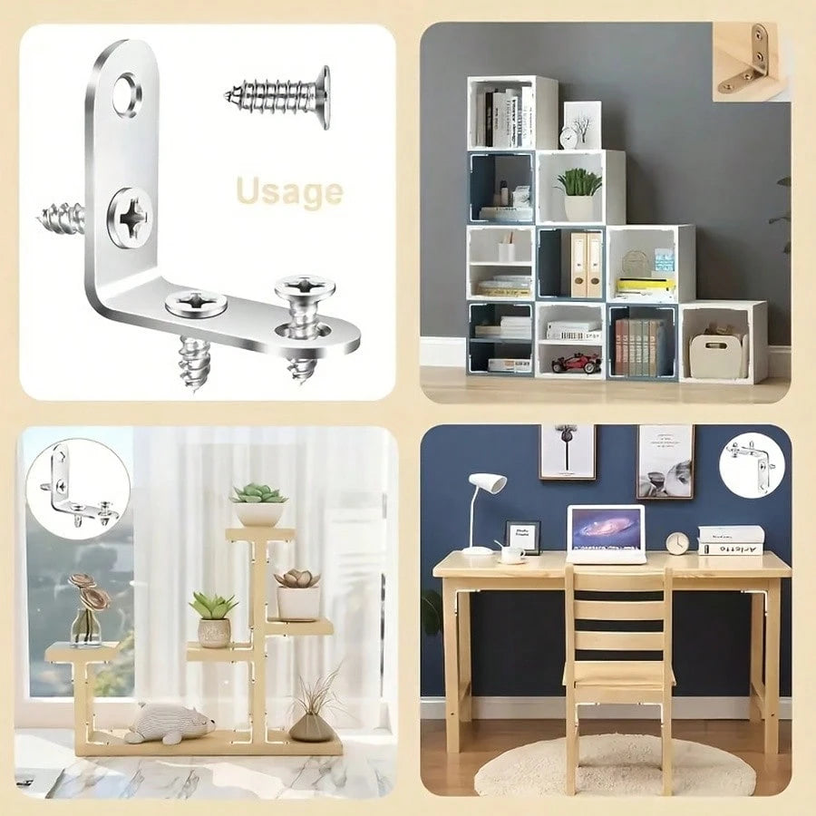 50pcs Set (10 Brackets + 40 Screws) Heavy Duty L-Shaped Brackets With Screws| 3.99X3.99cm 90 Degree Right Angle, Includes Screws, Rust-Resistant Metal, Suitable For Wooden Shelves, Chairs, Tables, Dr