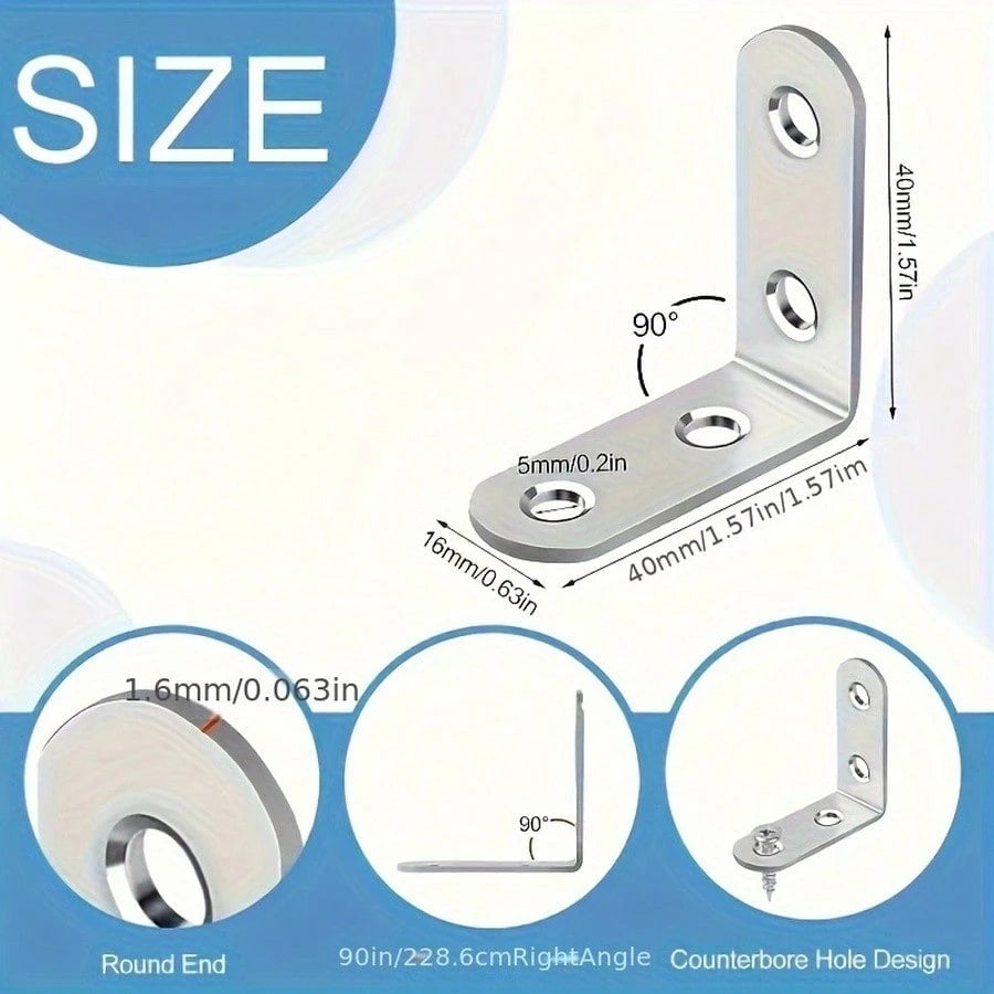 50pcs Set (10 Brackets + 40 Screws) Heavy Duty L-Shaped Brackets With Screws| 3.99X3.99cm 90 Degree Right Angle, Includes Screws, Rust-Resistant Metal, Suitable For Wooden Shelves, Chairs, Tables, Dr
