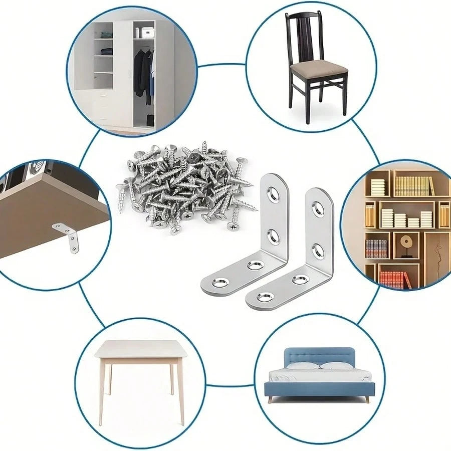 50pcs Set (10 Brackets + 40 Screws) Heavy Duty L-Shaped Brackets With Screws| 3.99X3.99cm 90 Degree Right Angle, Includes Screws, Rust-Resistant Metal, Suitable For Wooden Shelves, Chairs, Tables, Dr