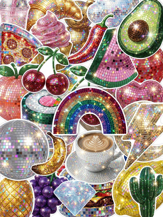 50pcs Y2K Shiny Disco Mirror Ball Stickers, Glittery Sequin Fruit Snack Cute Pet Party Decals, Suitable For Bullet Journal, Gift Wrapping And Scrapbook Decoration