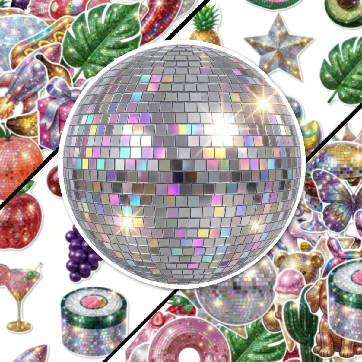 50pcs Y2K Shiny Disco Mirror Ball Stickers, Glittery Sequin Fruit Snack Cute Pet Party Decals, Suitable For Bullet Journal, Gift Wrapping And Scrapbook Decoration