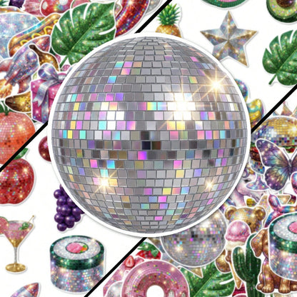 50pcs Y2K Shiny Disco Mirror Ball Stickers, Glittery Sequin Fruit Snack Cute Pet Party Decals, Suitable For Bullet Journal, Gift Wrapping And Scrapbook Decoration