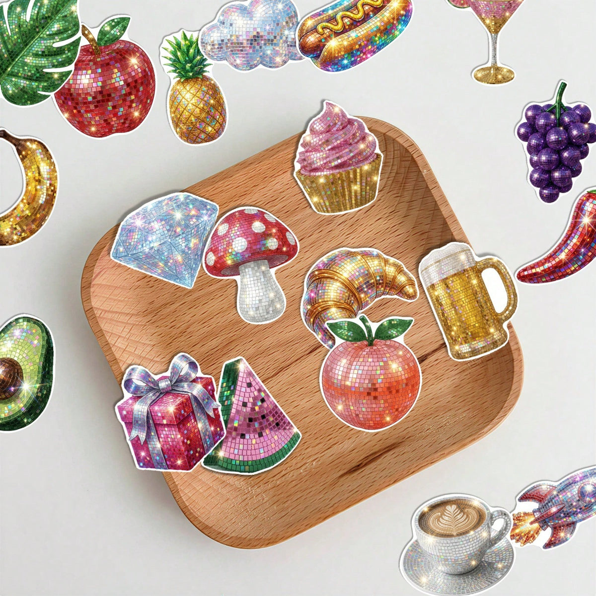 50pcs Y2K Shiny Disco Mirror Ball Stickers, Glittery Sequin Fruit Snack Cute Pet Party Decals, Suitable For Bullet Journal, Gift Wrapping And Scrapbook Decoration