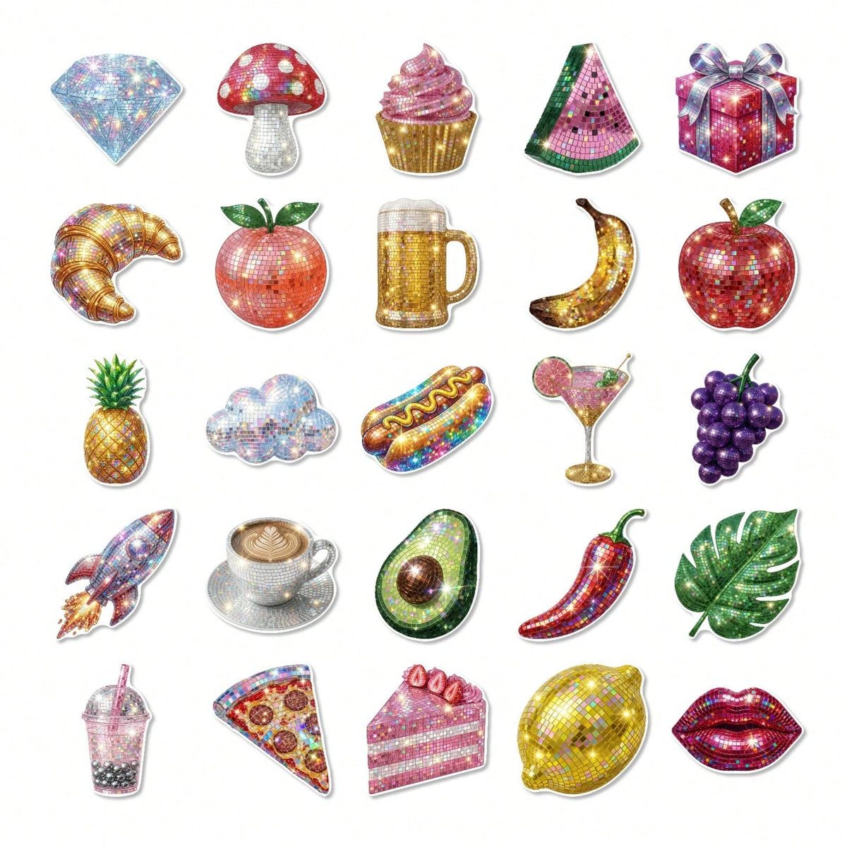 50pcs Y2K Shiny Disco Mirror Ball Stickers, Glittery Sequin Fruit Snack Cute Pet Party Decals, Suitable For Bullet Journal, Gift Wrapping And Scrapbook Decoration
