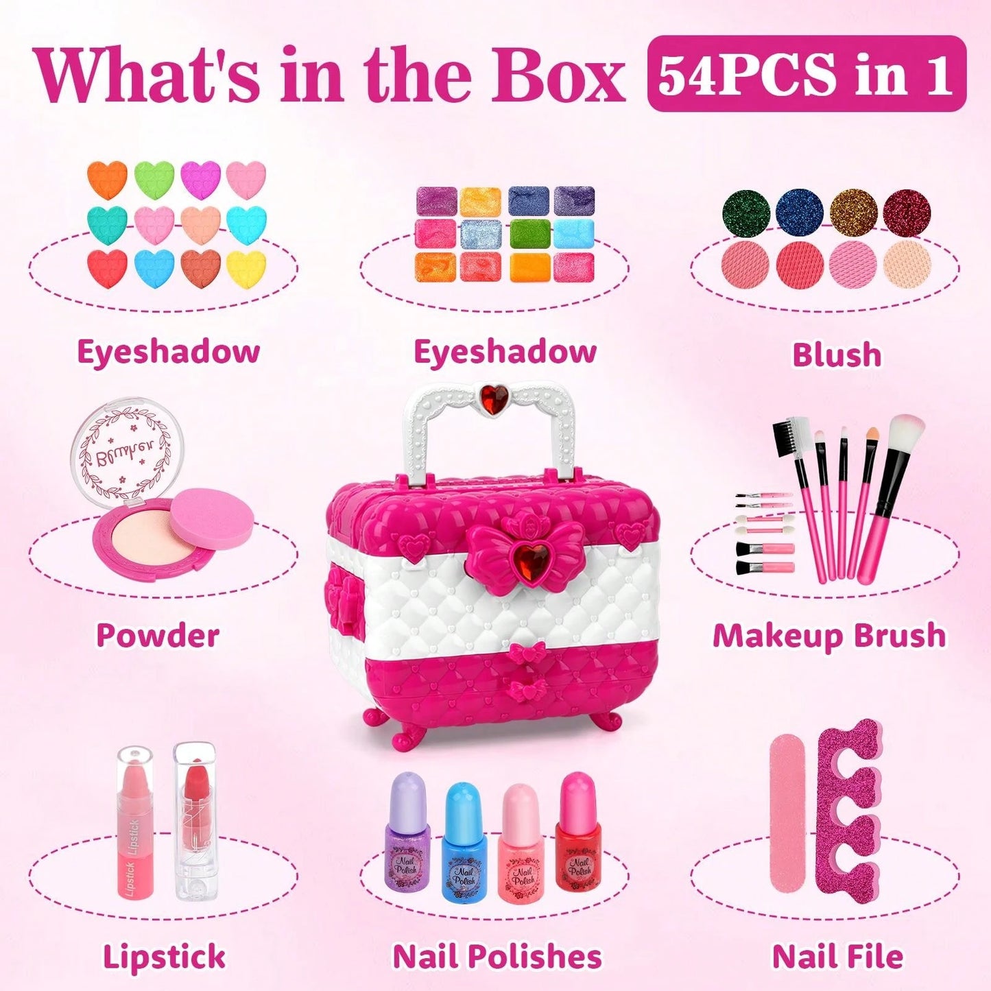 54 Pcs Kids Makeup Kit For Girl, Princess Toys Real Washable Cosmetic Set With Mirror, Play Make Up Christmas Birthday Gifts For 3-12 Years Old Kid