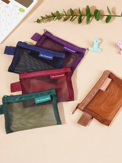 5pcs/1pc Large Capacity Nylon Triangle Mesh Toiletry Bag, Portable Waterproof Makeup Bag, Multi-Functional Makeup Bag, Stationery Bag, Data Cable Storage Bag, Coin Purse, Retro Color Nylon Square Mesh