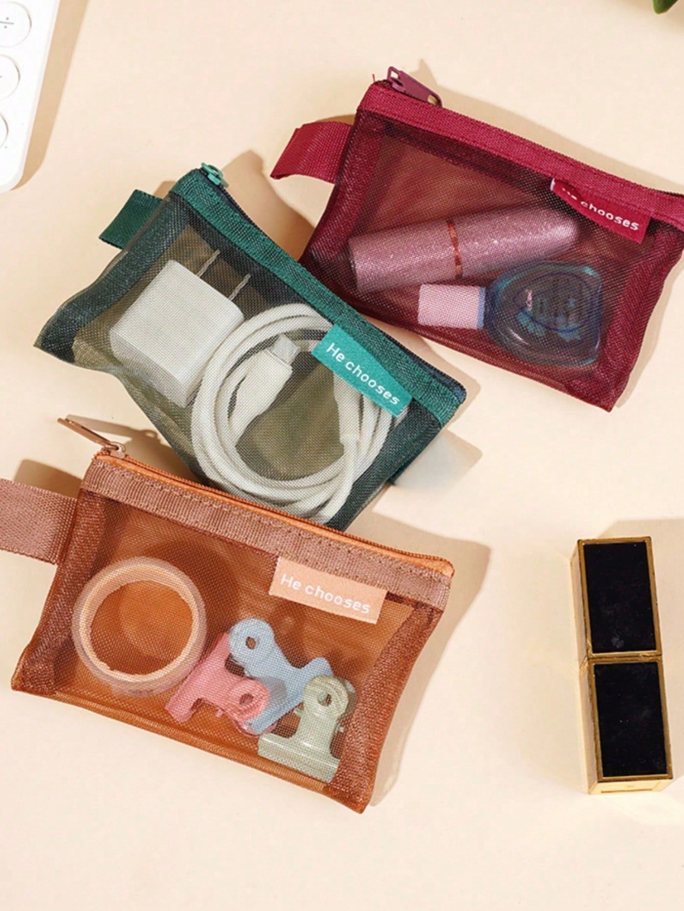 5pcs/1pc Large Capacity Nylon Triangle Mesh Toiletry Bag, Portable Waterproof Makeup Bag, Multi-Functional Makeup Bag, Stationery Bag, Data Cable Storage Bag, Coin Purse, Retro Color Nylon Square Mesh