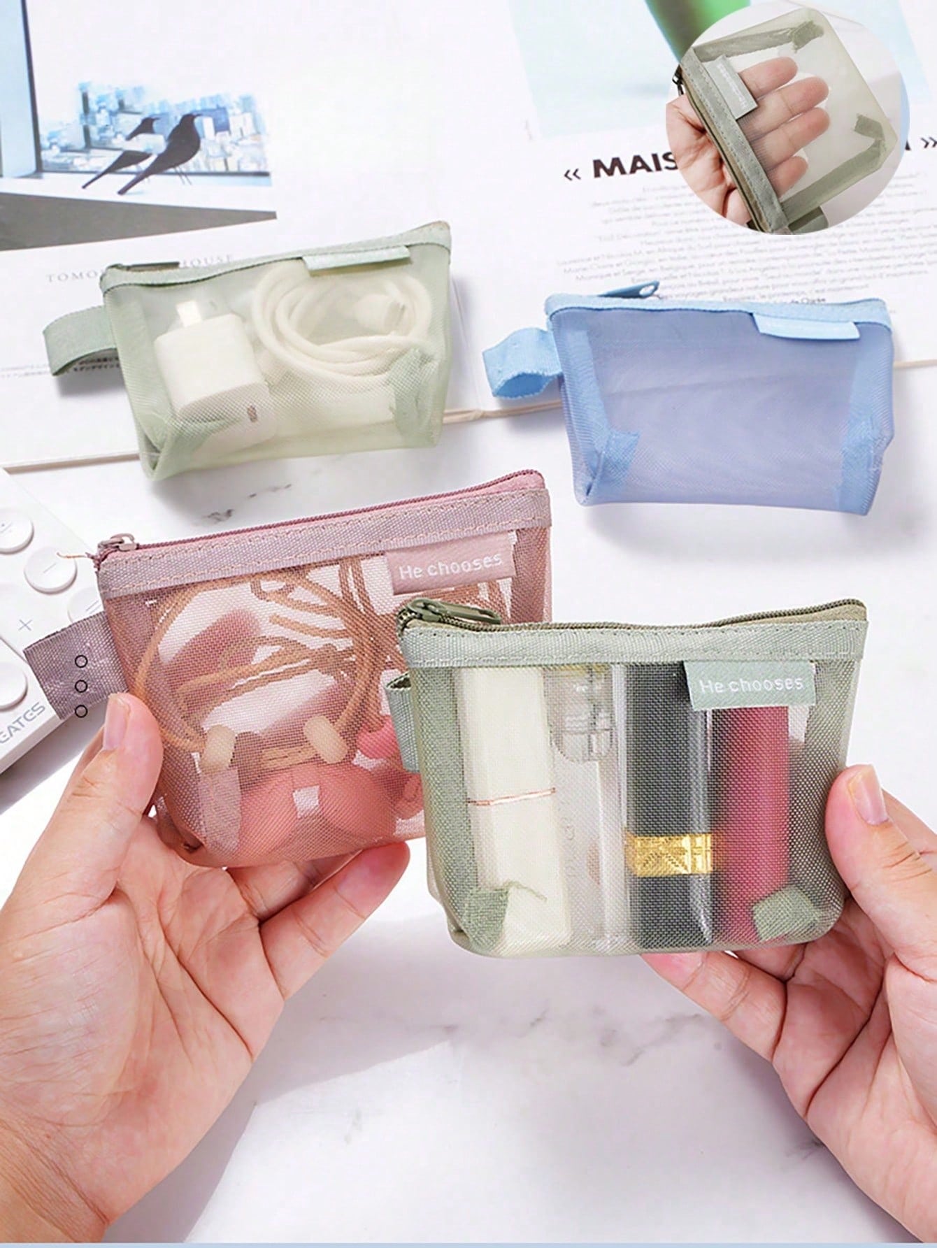 5pcs/1pc Large Capacity Nylon Triangle Mesh Toiletry Bag, Portable Waterproof Makeup Bag, Multi-Functional Makeup Bag, Stationery Bag, Data Cable Storage Bag, Coin Purse, Retro Color Nylon Square Mesh
