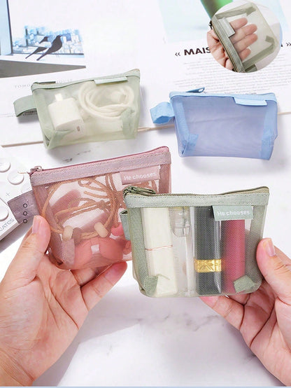 5pcs/1pc Large Capacity Nylon Triangle Mesh Toiletry Bag, Portable Waterproof Makeup Bag, Multi-Functional Makeup Bag, Stationery Bag, Data Cable Storage Bag, Coin Purse, Retro Color Nylon Square Mesh