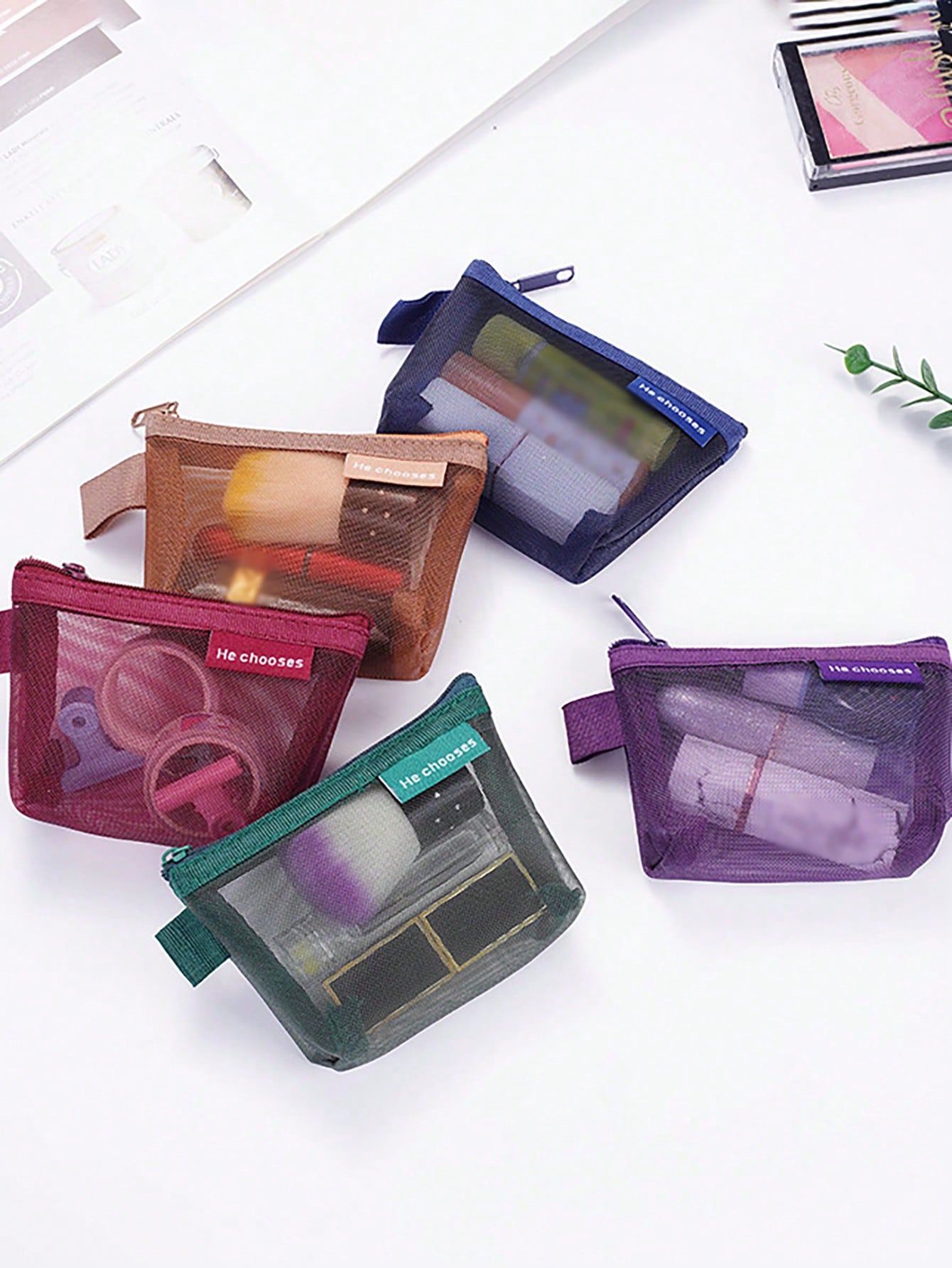 5pcs/1pc Large Capacity Nylon Triangle Mesh Toiletry Bag, Portable Waterproof Makeup Bag, Multi-Functional Makeup Bag, Stationery Bag, Data Cable Storage Bag, Coin Purse, Retro Color Nylon Square Mesh