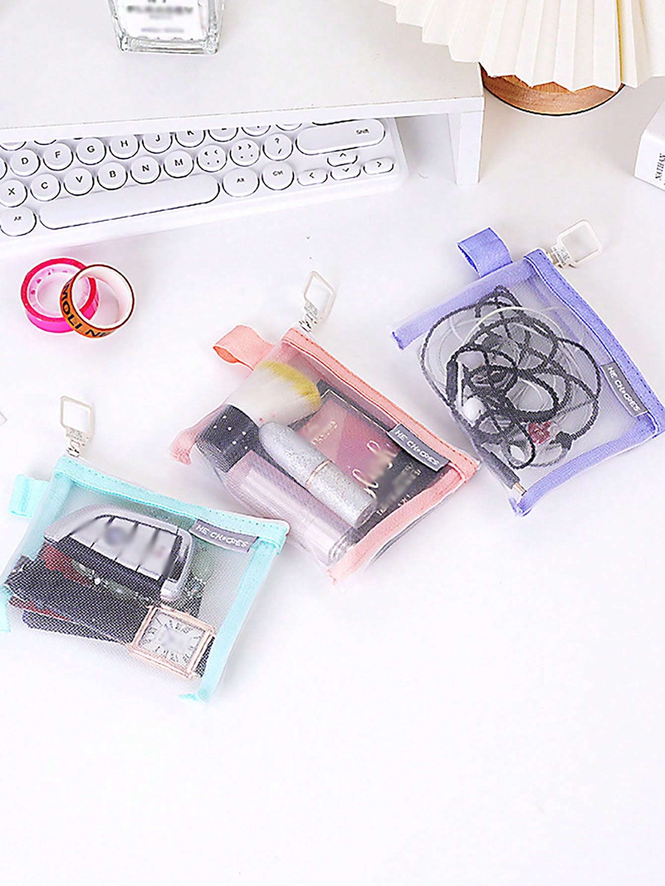 5pcs/1pc Large Capacity Nylon Triangle Mesh Toiletry Bag, Portable Waterproof Makeup Bag, Multi-Functional Makeup Bag, Stationery Bag, Data Cable Storage Bag, Coin Purse, Retro Color Nylon Square Mesh