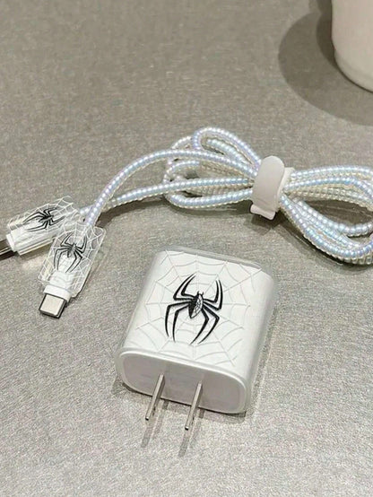 5pcs Black Spider Pattern TPU Charger Protective Covers, Compatible With Apple 18/20W Charger Cable Protective Covers, Charger Protective Covers, Charger Accessories, Phone Accessories