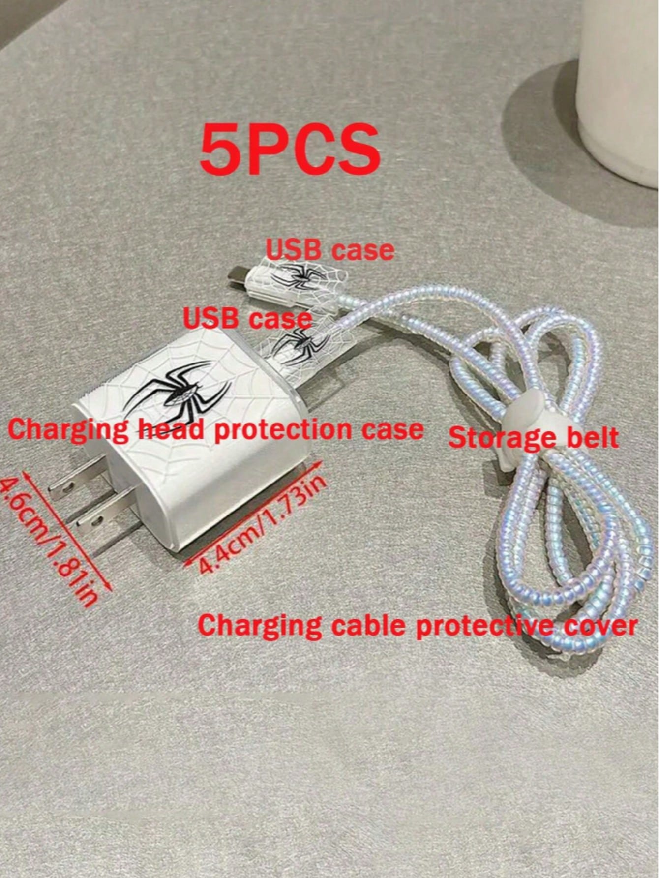 5pcs Black Spider Pattern TPU Charger Protective Covers, Compatible With Apple 18/20W Charger Cable Protective Covers, Charger Protective Covers, Charger Accessories, Phone Accessories