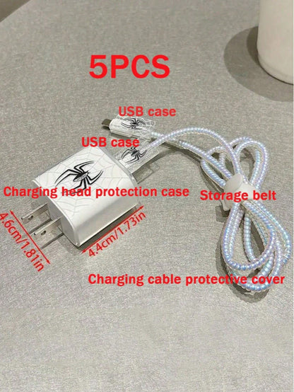 5pcs Black Spider Pattern TPU Charger Protective Covers, Compatible With Apple 18/20W Charger Cable Protective Covers, Charger Protective Covers, Charger Accessories, Phone Accessories