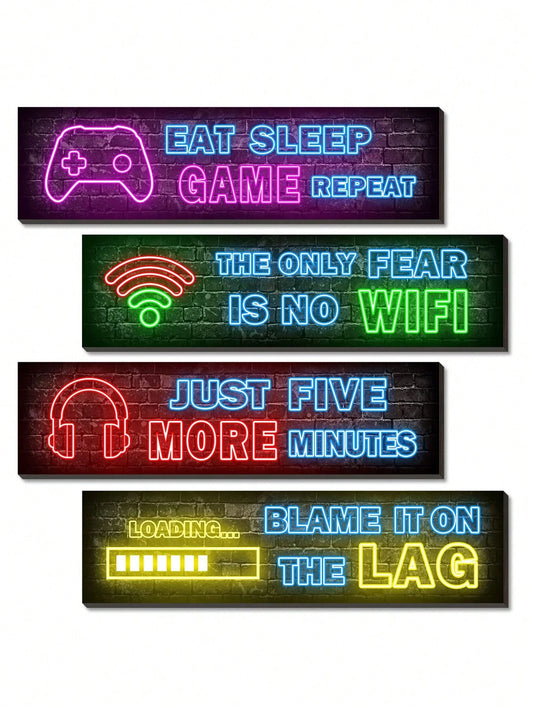 5pcs-Gamer Wooden Hanging Plaque For Boys Room Decoration Video Game Wall Inspirational Quotes Suitable For Gamer Room Decoration Boys Hanging Plaque Wall Decor, Printed Neon Game Poster, Teen Boys Ro