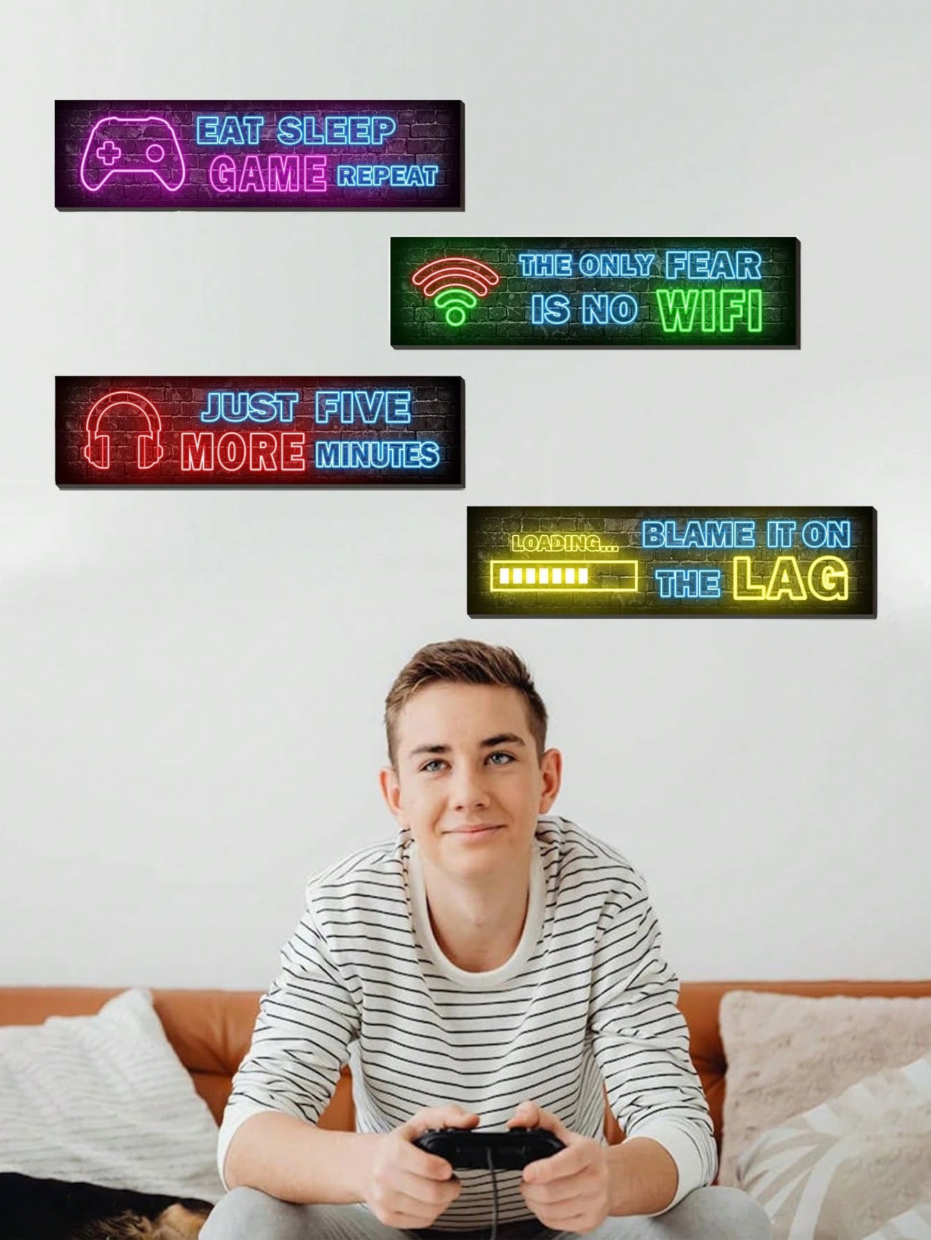 5pcs-Gamer Wooden Hanging Plaque For Boys Room Decoration Video Game Wall Inspirational Quotes Suitable For Gamer Room Decoration Boys Hanging Plaque Wall Decor, Printed Neon Game Poster, Teen Boys Ro