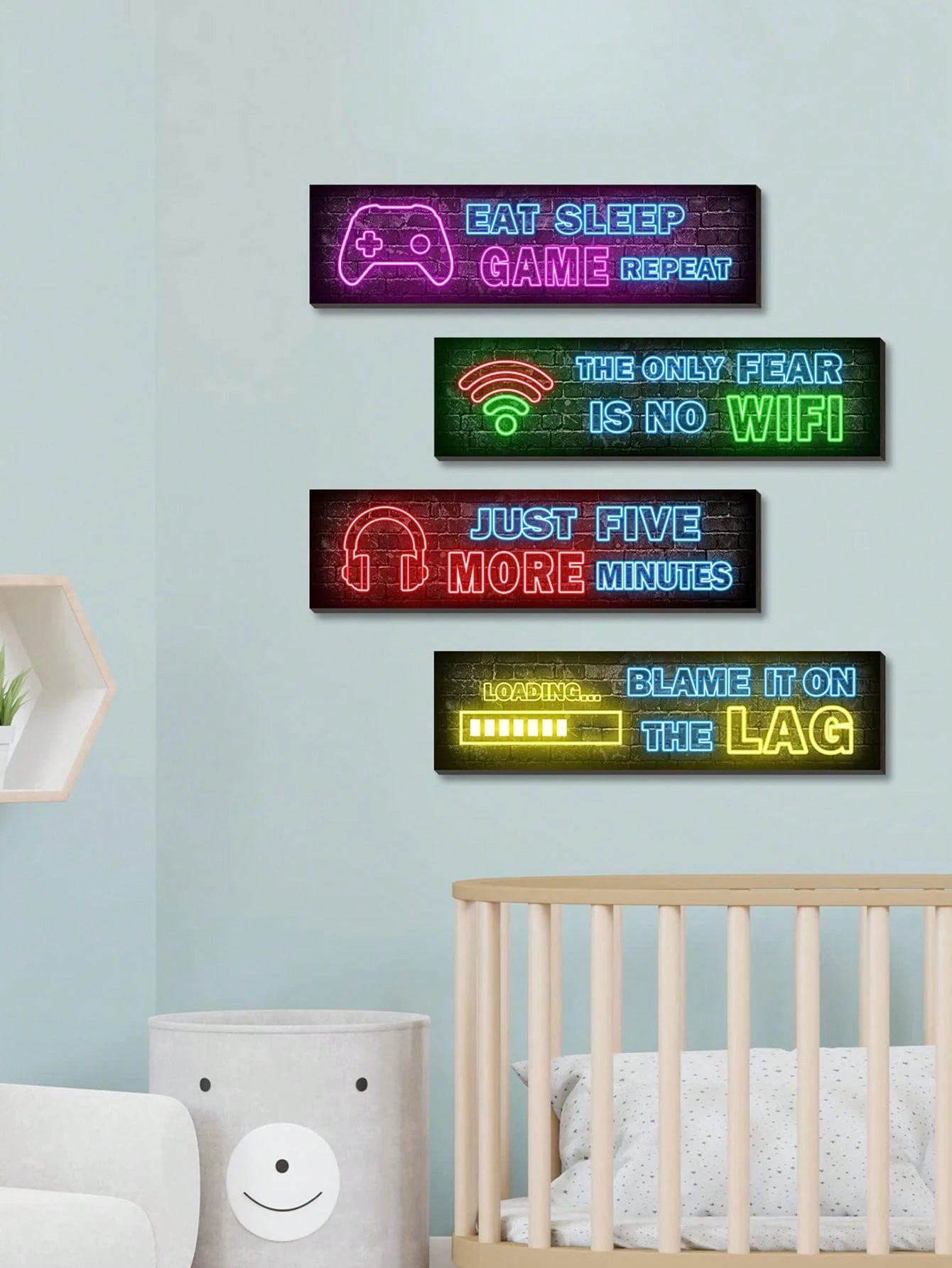 5pcs- Gamer Wooden Hanging Plaques, Boy's Room Decor, Inspirational Quotes Gaming Theme, Suitable For Gamer's Room, Boy's Room Wall Decor, Neon Gaming Poster Prints, Teenager Boy's Room Decor, Gamer
