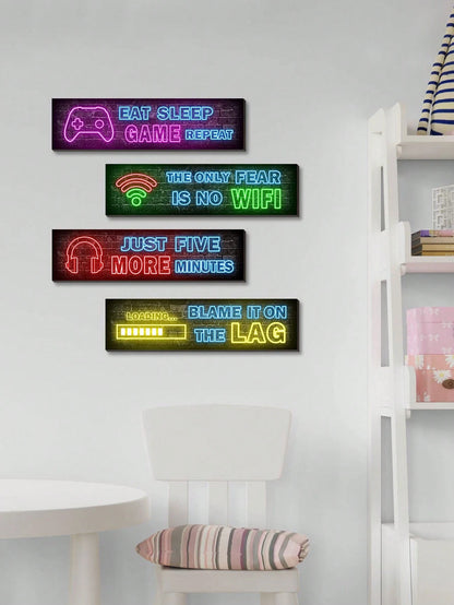 5pcs- Gamer Wooden Hanging Plaques, Boy's Room Decor, Inspirational Quotes Gaming Theme, Suitable For Gamer's Room, Boy's Room Wall Decor, Neon Gaming Poster Prints, Teenager Boy's Room Decor, Gamer