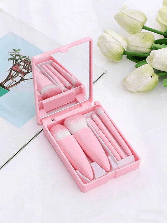 5pcs Portable Makeup Brush Set With Mirror, Boxed Makeup Brush Set, Multi-Function Powder Brush, Blush Brush (With Mirror Case), Mini Multi-Function Powder Brush, Foundation Brush, Eyeshadow Brush, Bl