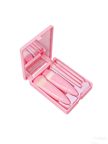 5pcs Portable Makeup Brush Set With Mirror, Boxed Makeup Brush Set, Multi-Function Powder Brush, Blush Brush (With Mirror Case), Mini Multi-Function Powder Brush, Foundation Brush, Eyeshadow Brush, Bl