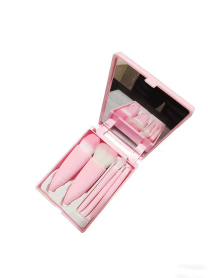 5pcs Portable Makeup Brush Set With Mirror, Boxed Makeup Brush Set, Multi-Function Powder Brush, Blush Brush (With Mirror Case), Mini Multi-Function Powder Brush, Foundation Brush, Eyeshadow Brush, Bl
