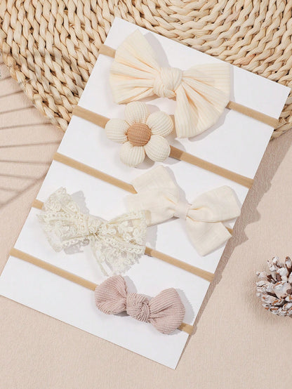 5pcs/Set Baby Girl Flower & Bow Decor Headbands, Suitable For Spring Daily Use (Paper Card Not Included)
