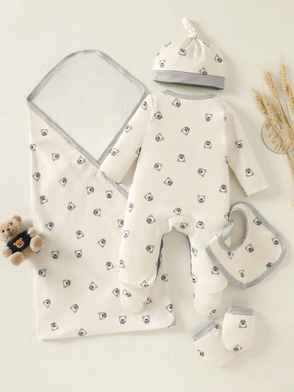 5pcs/Set Cartoon Bear Print Newborn Clothes Set,Off-White Summer Cute Baby Bibs,Hats,Gloves&Swaddle Blanket,Family Matching Newborn Outfits For 0-1Y