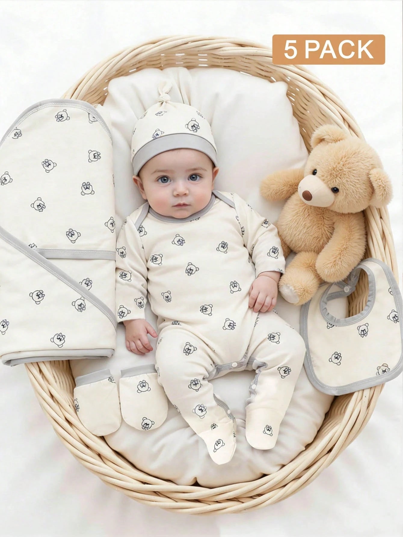 5pcs/Set Cartoon Bear Print Newborn Clothes Set,Off-White Summer Cute Baby Bibs,Hats,Gloves&Swaddle Blanket,Family Matching Newborn Outfits For 0-1Y