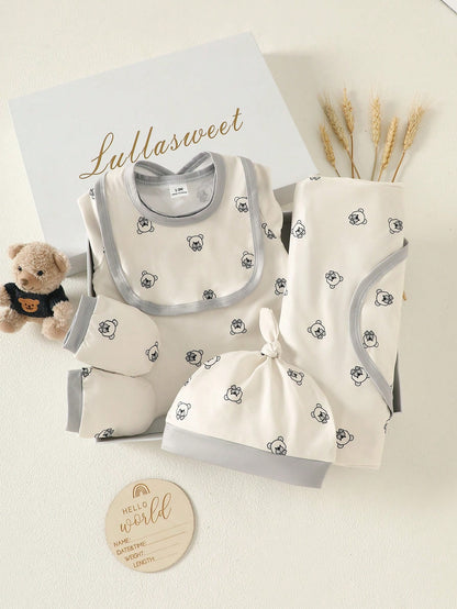 5pcs/Set Cartoon Bear Print Newborn Clothes Set,Off-White Summer Cute Baby Bibs,Hats,Gloves&Swaddle Blanket,Family Matching Newborn Outfits For 0-1Y