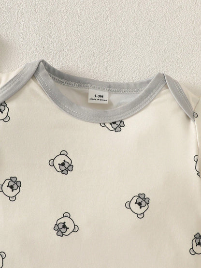 5pcs/Set Cartoon Bear Print Newborn Clothes Set,Off-White Summer Cute Baby Bibs,Hats,Gloves&Swaddle Blanket,Family Matching Newborn Outfits For 0-1Y