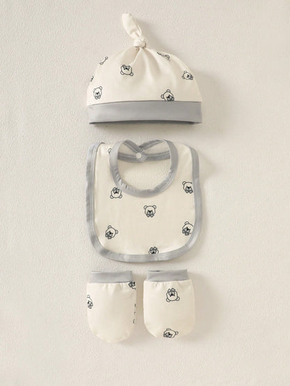 5pcs/Set Cartoon Bear Print Newborn Clothes Set,Off-White Summer Cute Baby Bibs,Hats,Gloves&Swaddle Blanket,Family Matching Newborn Outfits For 0-1Y