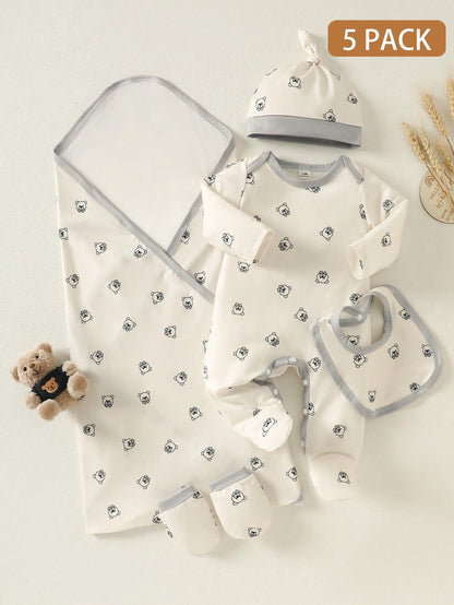 5pcs/Set Cartoon Bear Print Newborn Clothes Set,Off-White Summer Cute Baby Bibs,Hats,Gloves&Swaddle Blanket,Family Matching Newborn Outfits For 0-1Y