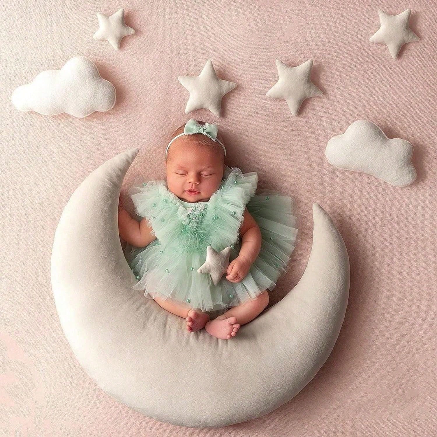 5pcs/Set Flannel Baby Moon Stars Pillow, Newborn Cresent Star Posing Pillow Newborn Photography Props Boy Girls Baby Shower Decorations Shower Easter Gift Things